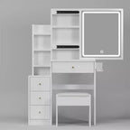 Coiffeuse, ensemble coiffeuse avec tabouret, miroir coulissant droit, étagères de rangement multicouches, 4 tiroirs, table de maquillage blanche
