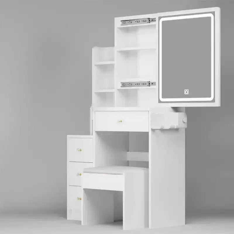 Coiffeuse, ensemble coiffeuse avec tabouret, miroir coulissant droit, étagères de rangement multicouches, 4 tiroirs, table de maquillage blanche