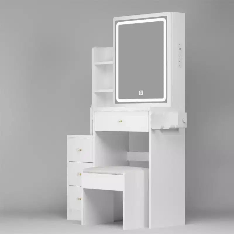 Coiffeuse, ensemble coiffeuse avec tabouret, miroir coulissant droit, étagères de rangement multicouches, 4 tiroirs, table de maquillage blanche