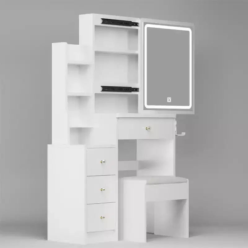 Coiffeuse, ensemble coiffeuse avec tabouret, miroir coulissant droit, étagères de rangement multicouches, 4 tiroirs, table de maquillage blanche