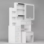 Coiffeuse, ensemble coiffeuse avec tabouret, miroir coulissant droit, étagères de rangement multicouches, 4 tiroirs, table de maquillage blanche
