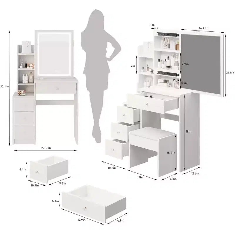 Coiffeuse, ensemble coiffeuse avec tabouret, miroir coulissant droit, étagères de rangement multicouches, 4 tiroirs, table de maquillage blanche