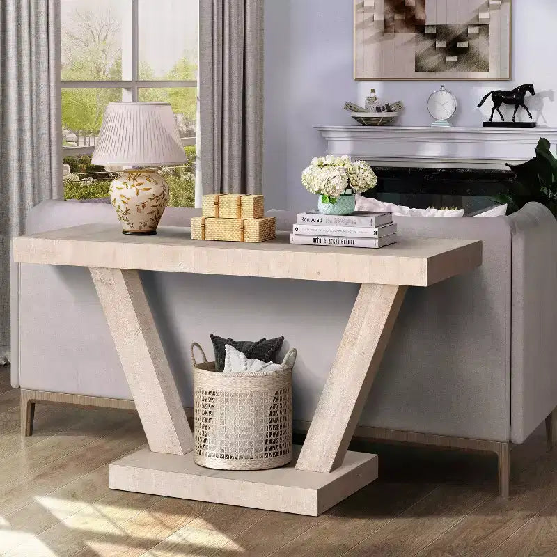 Console industrielle vintage pour salon, table de canapé rectangulaire en bois avec finition en bois vieilli