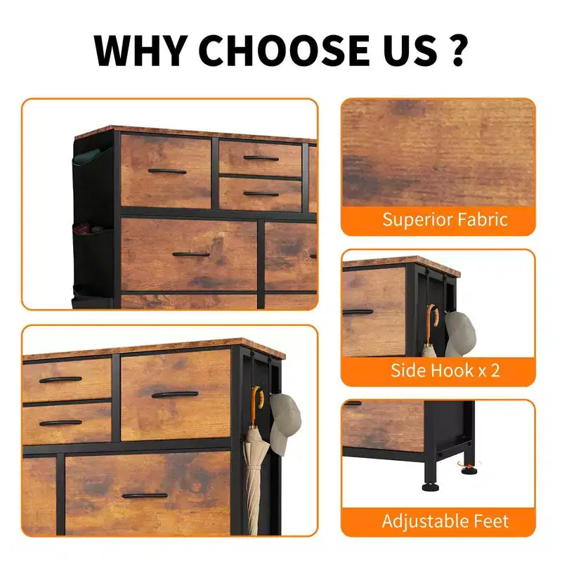 Commode de rangement TUYOHW à 10 tiroirs avec poches latérales et crochets, Organisateur de commode en tissu avec plateau en bois, Tour de rangement pour chambre à coucher, placard et entrée