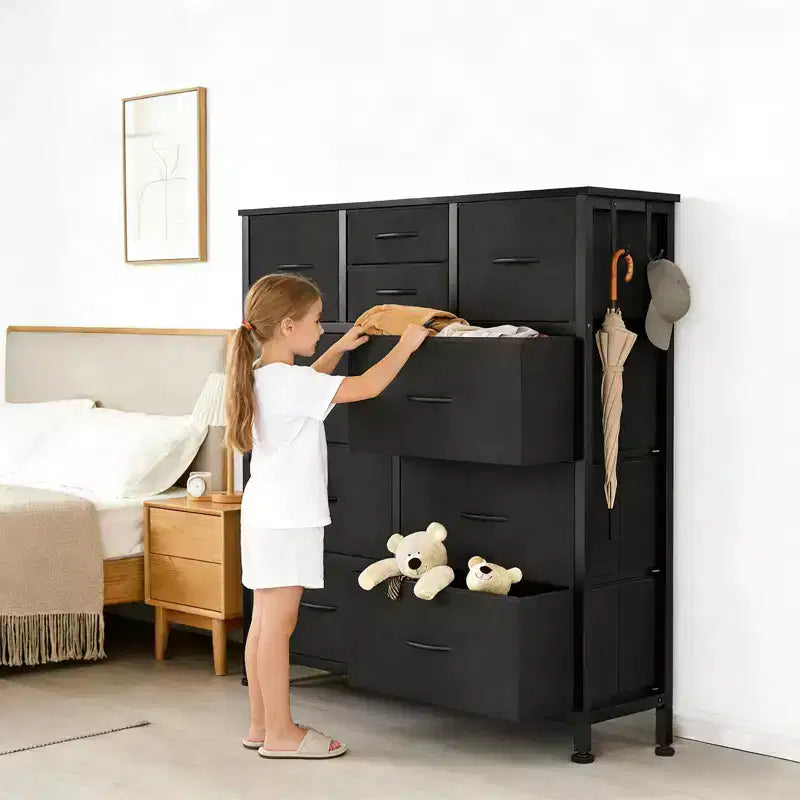 Commode de rangement TUYOHW à 10 tiroirs avec poches latérales et crochets, Organisateur de commode en tissu avec plateau en bois, Tour de rangement pour chambre à coucher, placard et entrée