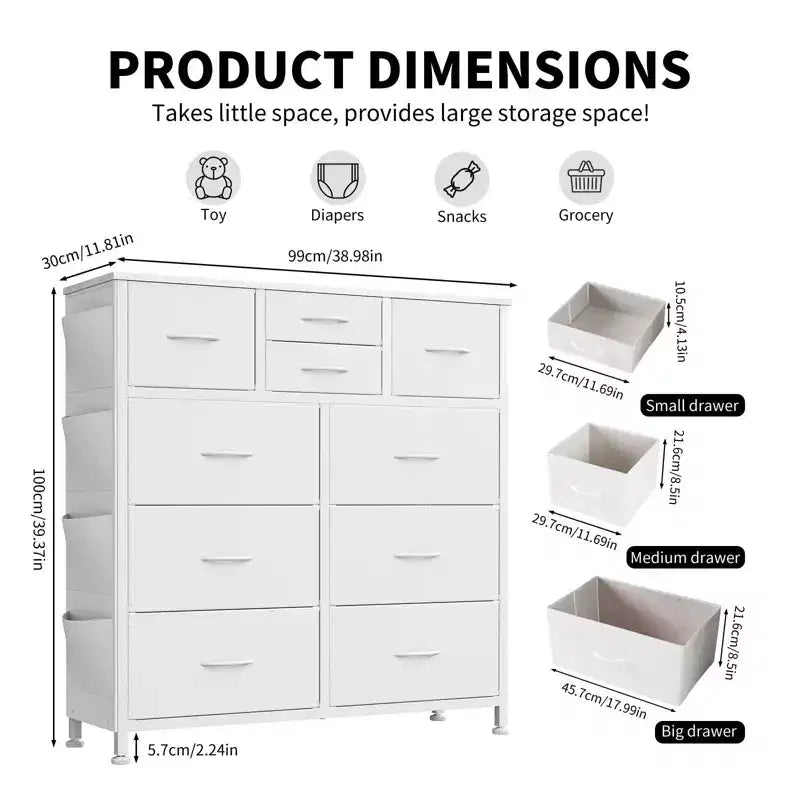 Commode de rangement TUYOHW à 10 tiroirs avec poches latérales et crochets, Organisateur de commode en tissu avec plateau en bois, Tour de rangement pour chambre à coucher, placard et entrée