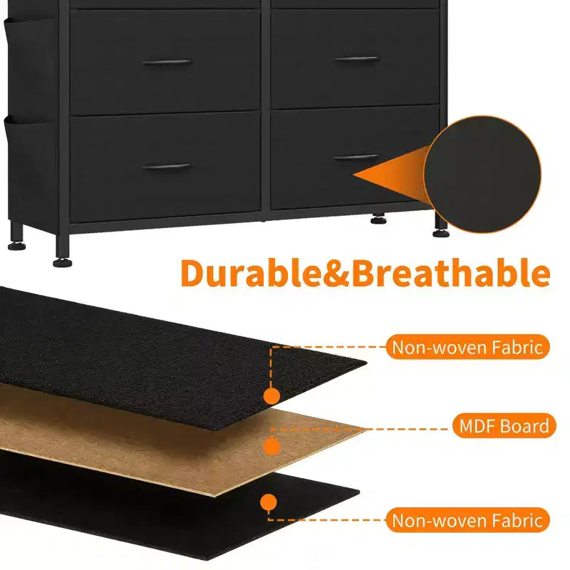 Commode de rangement TUYOHW à 10 tiroirs avec poches latérales et crochets, Organisateur de commode en tissu avec plateau en bois, Tour de rangement pour chambre à coucher, placard et entrée