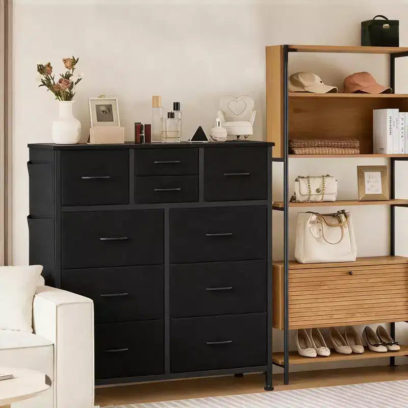 Commode de rangement TUYOHW à 10 tiroirs avec poches latérales et crochets, Organisateur de commode en tissu avec plateau en bois, Tour de rangement pour chambre à coucher, placard et entrée