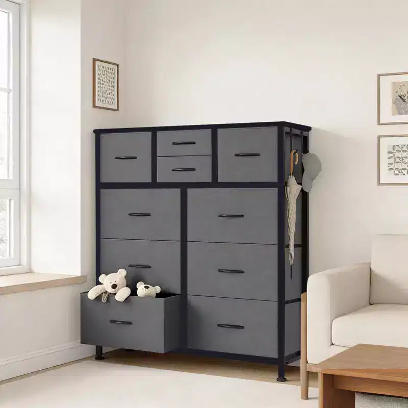 Commode de rangement TUYOHW à 10 tiroirs avec poches latérales et crochets, Organisateur de commode en tissu avec plateau en bois, Tour de rangement pour chambre à coucher, placard et entrée