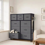 Commode de rangement TUYOHW à 10 tiroirs avec poches latérales et crochets, Organisateur de commode en tissu avec plateau en bois, Tour de rangement pour chambre à coucher, placard et entrée