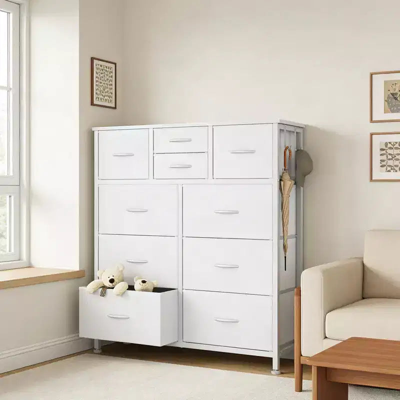 Commode de rangement TUYOHW à 10 tiroirs avec poches latérales et crochets, Organisateur de commode en tissu avec plateau en bois, Tour de rangement pour chambre à coucher, placard et entrée