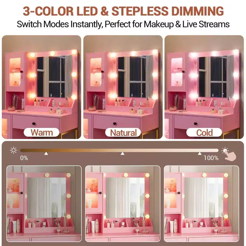 Coiffeuse Acekool avec miroir et lumières, table de maquillage avec station de recharge, éclairage RVB et 3 couleurs, 2 armoires, 2 étagères ouvertes, pour chambre à coucher.