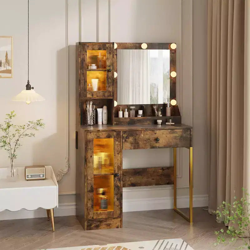 Coiffeuse Acekool avec miroir et lumières, table de maquillage avec station de recharge, éclairage RVB et 3 couleurs, 2 armoires, 2 étagères ouvertes, pour chambre à coucher.