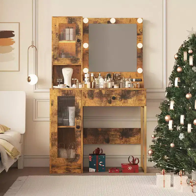 Coiffeuse Acekool avec miroir et lumières, table de maquillage avec station de recharge, éclairage RVB et 3 couleurs, 2 armoires, 2 étagères ouvertes, pour chambre à coucher.