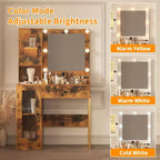 Coiffeuse Acekool avec miroir et lumières, table de maquillage avec station de recharge, éclairage RVB et 3 couleurs, 2 armoires, 2 étagères ouvertes, pour chambre à coucher.