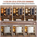Coiffeuse Acekool avec miroir et lumières, table de maquillage avec station de recharge, éclairage RVB et 3 couleurs, 2 armoires, 2 étagères ouvertes, pour chambre à coucher.