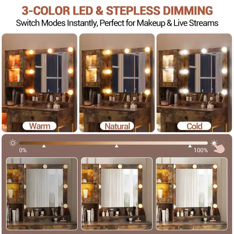 Coiffeuse Acekool avec miroir et lumières, table de maquillage avec station de recharge, éclairage RVB et 3 couleurs, 2 armoires, 2 étagères ouvertes, pour chambre à coucher.