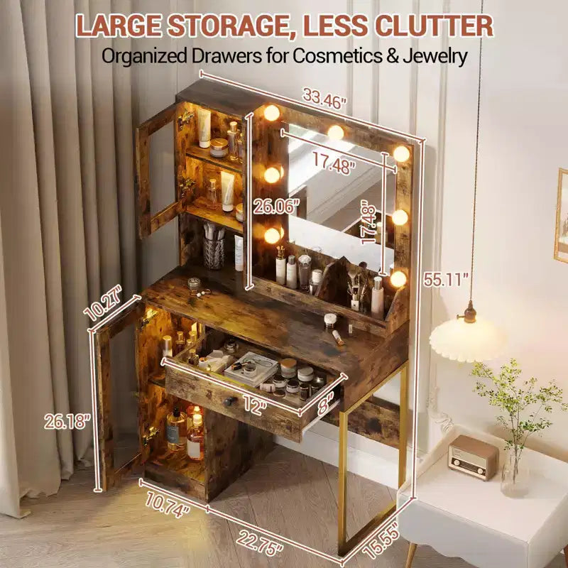 Coiffeuse Acekool avec miroir et lumières, table de maquillage avec station de recharge, éclairage RVB et 3 couleurs, 2 armoires, 2 étagères ouvertes, pour chambre à coucher.