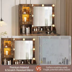 Coiffeuse Acekool avec miroir et lumières, table de maquillage avec station de recharge, éclairage RVB et 3 couleurs, 2 armoires, 2 étagères ouvertes, pour chambre à coucher.