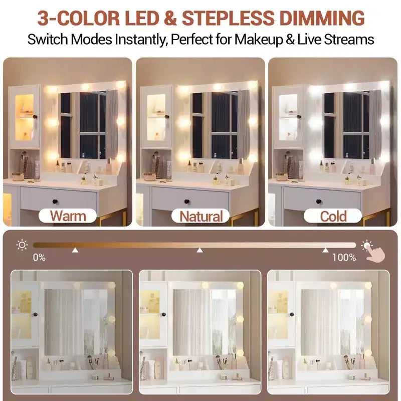 Coiffeuse Acekool avec miroir et lumières, table de maquillage avec station de recharge, éclairage RVB et 3 couleurs, 2 armoires, 2 étagères ouvertes, pour chambre à coucher.
