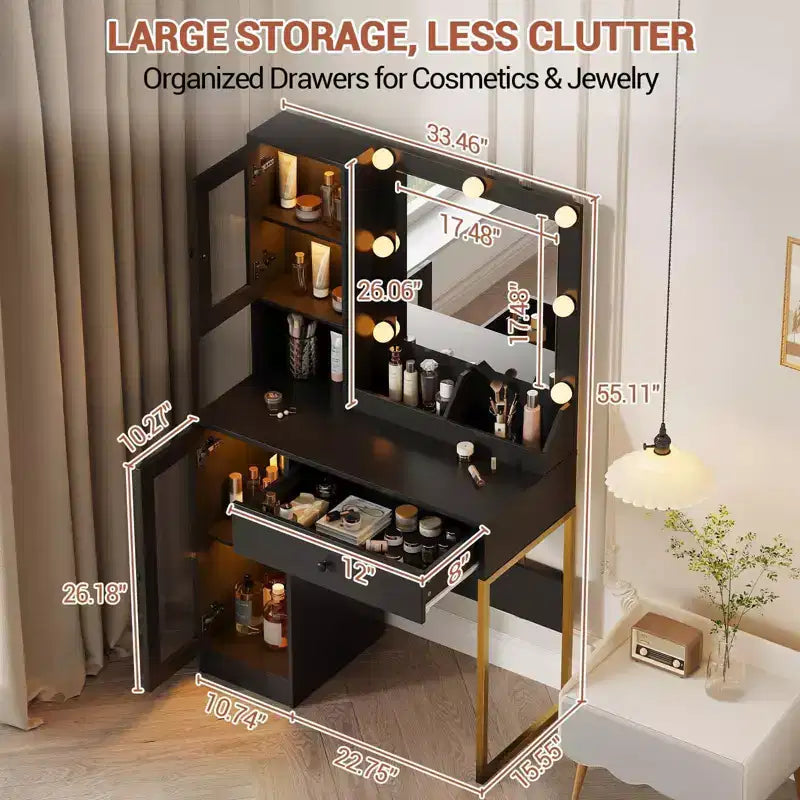 Coiffeuse Acekool avec miroir et lumières, table de maquillage avec station de recharge, éclairage RVB et 3 couleurs, 2 armoires, 2 étagères ouvertes, pour chambre à coucher.