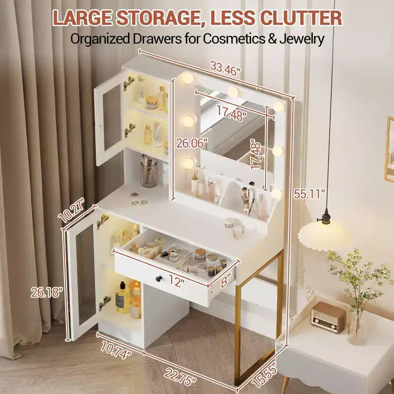 Coiffeuse Acekool avec miroir et lumières, table de maquillage avec station de recharge, éclairage RVB et 3 couleurs, 2 armoires, 2 étagères ouvertes, pour chambre à coucher.
