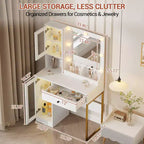Coiffeuse Acekool avec miroir et lumières, table de maquillage avec station de recharge, éclairage RVB et 3 couleurs, 2 armoires, 2 étagères ouvertes, pour chambre à coucher.