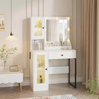 Coiffeuse Acekool avec miroir et lumières, table de maquillage avec station de recharge, éclairage RVB et 3 couleurs, 2 armoires, 2 étagères ouvertes, pour chambre à coucher.