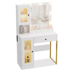 Coiffeuse Acekool avec miroir et lumières, table de maquillage avec station de recharge, éclairage RVB et 3 couleurs, 2 armoires, 2 étagères ouvertes, pour chambre à coucher.