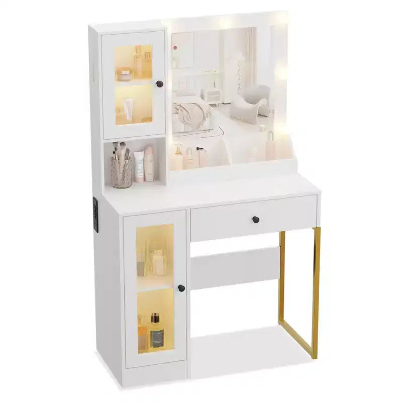 Coiffeuse Acekool avec miroir et lumières, table de maquillage avec station de recharge, éclairage RVB et 3 couleurs, 2 armoires, 2 étagères ouvertes, pour chambre à coucher.