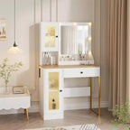 Coiffeuse Acekool avec miroir et lumières, table de maquillage avec station de recharge, éclairage RVB et 3 couleurs, 2 armoires, 2 étagères ouvertes, pour chambre à coucher.