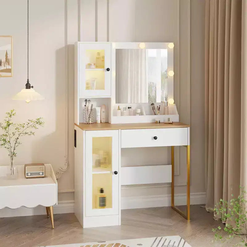 Coiffeuse Acekool avec miroir et lumières, table de maquillage avec station de recharge, éclairage RVB et 3 couleurs, 2 armoires, 2 étagères ouvertes, pour chambre à coucher.