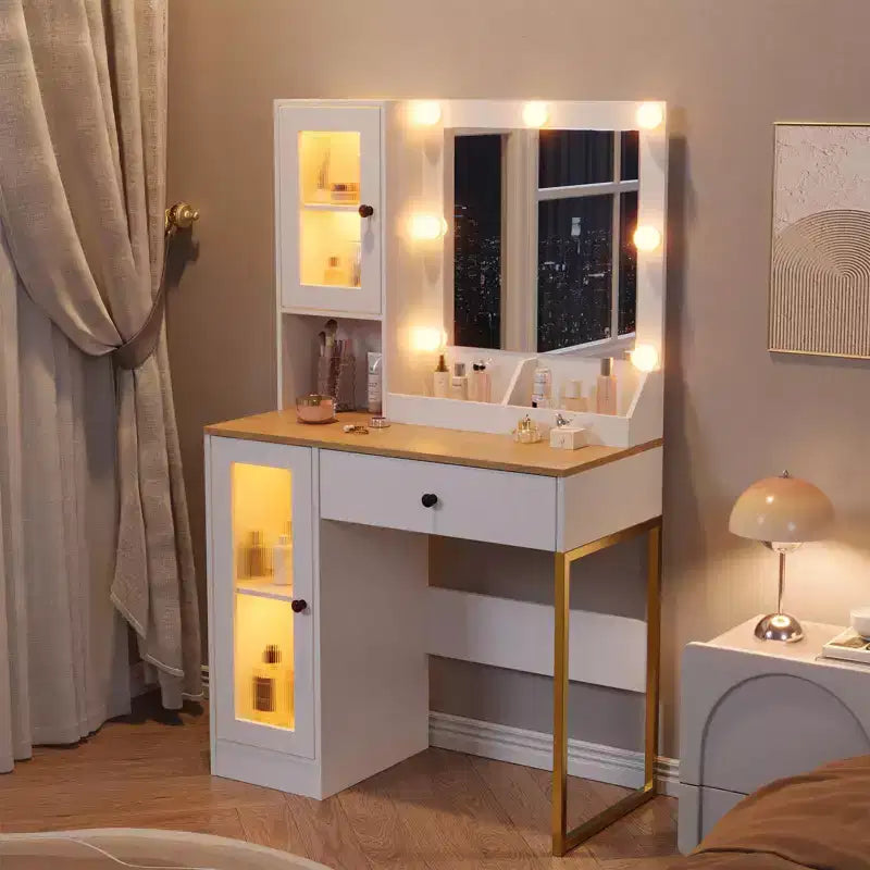 Coiffeuse Acekool avec miroir et lumières, table de maquillage avec station de recharge, éclairage RVB et 3 couleurs, 2 armoires, 2 étagères ouvertes, pour chambre à coucher.