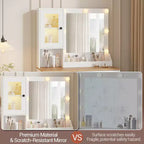 Coiffeuse Acekool avec miroir et lumières, table de maquillage avec station de recharge, éclairage RVB et 3 couleurs, 2 armoires, 2 étagères ouvertes, pour chambre à coucher.