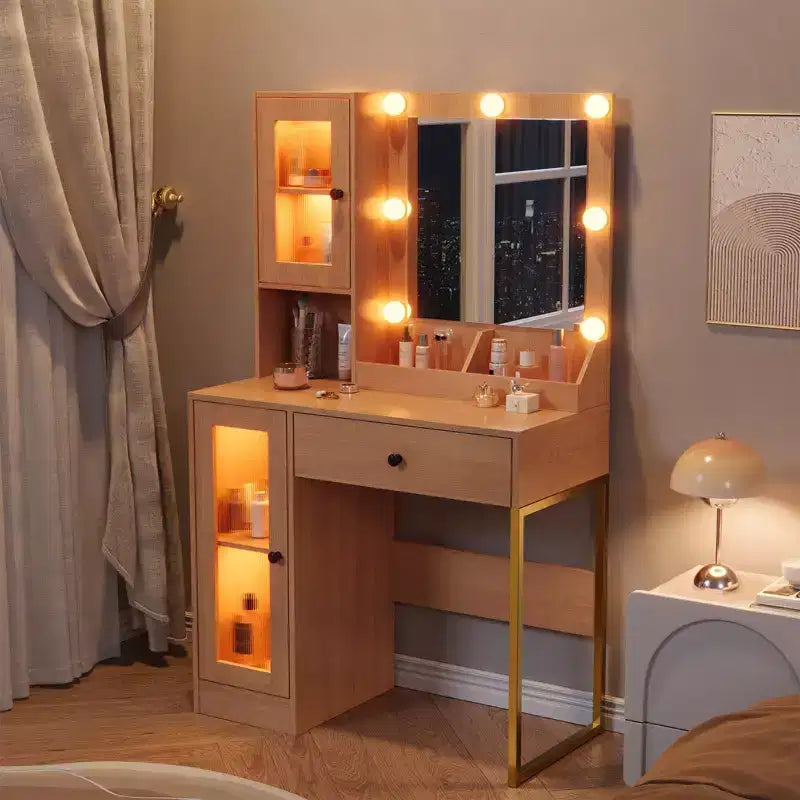 Coiffeuse Acekool avec miroir et lumières, table de maquillage avec station de recharge, éclairage RVB et 3 couleurs, 2 armoires, 2 étagères ouvertes, pour chambre à coucher.