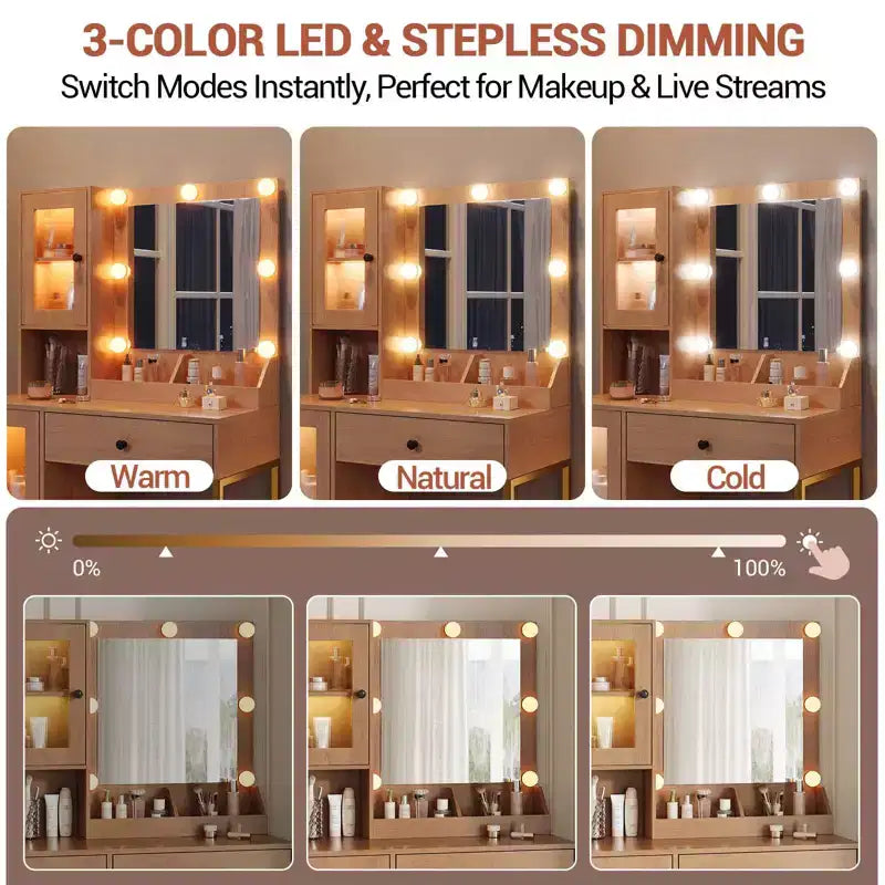 Coiffeuse Acekool avec miroir et lumières, table de maquillage avec station de recharge, éclairage RVB et 3 couleurs, 2 armoires, 2 étagères ouvertes, pour chambre à coucher.