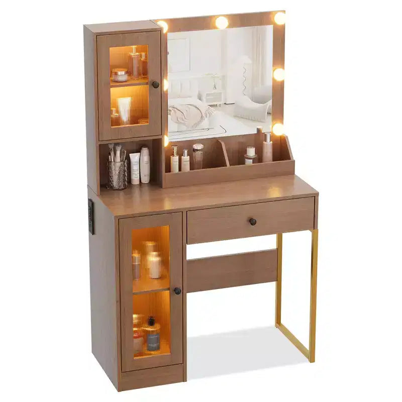 Coiffeuse Acekool avec miroir et lumières, table de maquillage avec station de recharge, éclairage RVB et 3 couleurs, 2 armoires, 2 étagères ouvertes, pour chambre à coucher.