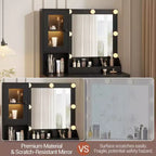 Coiffeuse Acekool avec miroir et lumières, table de maquillage avec station de recharge, éclairage RVB et 3 couleurs, 2 armoires, 2 étagères ouvertes, pour chambre à coucher.