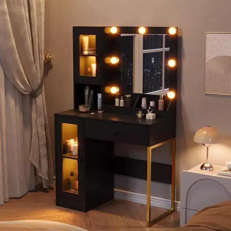 Coiffeuse Acekool avec miroir et lumières, table de maquillage avec station de recharge, éclairage RVB et 3 couleurs, 2 armoires, 2 étagères ouvertes, pour chambre à coucher.