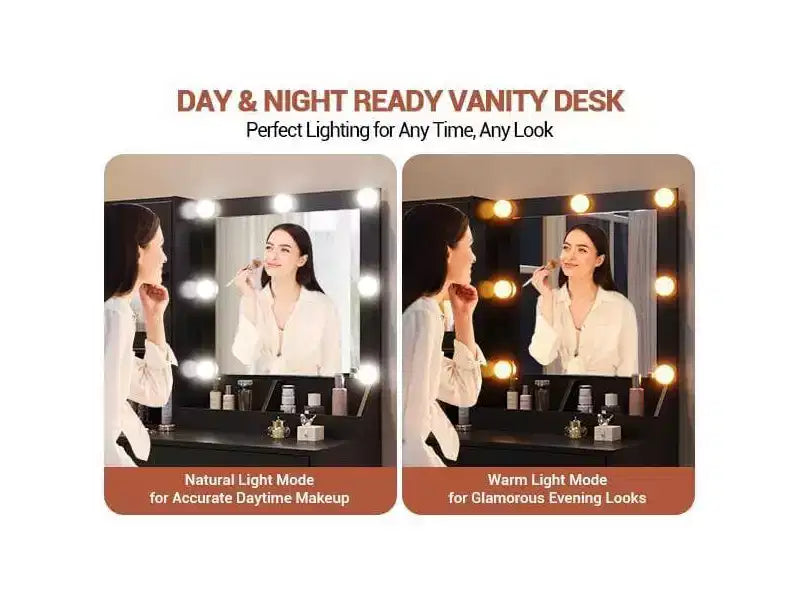 Coiffeuse Acekool avec miroir et lumières, table de maquillage avec station de recharge, éclairage RVB et 3 couleurs, 2 armoires, 2 étagères ouvertes, pour chambre à coucher.