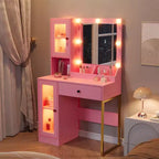 Coiffeuse Acekool avec miroir et lumières, table de maquillage avec station de recharge, éclairage RVB et 3 couleurs, 2 armoires, 2 étagères ouvertes, pour chambre à coucher.