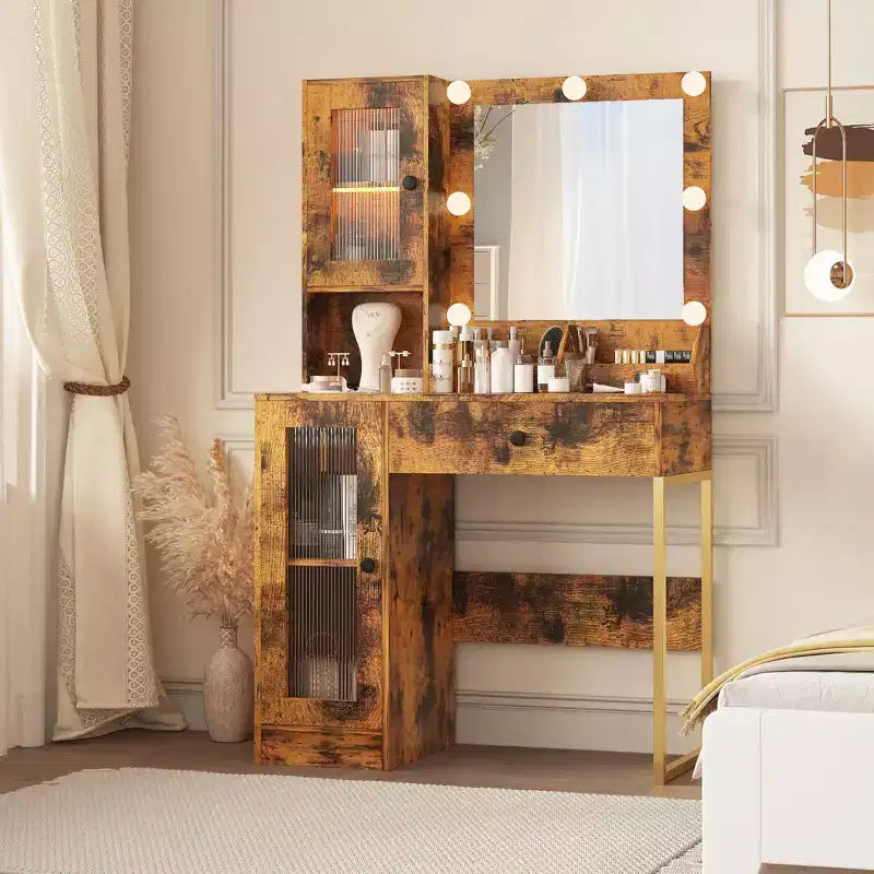 Coiffeuse Acekool avec miroir et lumières, table de maquillage avec station de recharge, éclairage RVB et 3 couleurs, 2 armoires, 2 étagères ouvertes, pour chambre à coucher.