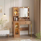 Coiffeuse Acekool avec miroir et lumières, table de maquillage avec station de recharge, éclairage RVB et 3 couleurs, 2 armoires, 2 étagères ouvertes, pour chambre à coucher.