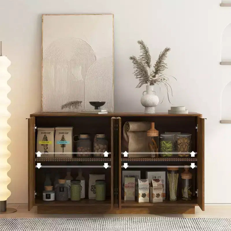 Buffet de rangement moderne Okak avec 4 portes et étagères réglables, buffet d'appoint décoratif pour salle à manger, cuisine