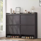 Meuble à chaussures autoportant de 120 cm avec 4 portes basculantes, étagère réglable, organisateur de rangement en bois caché pour entrée, couloir
