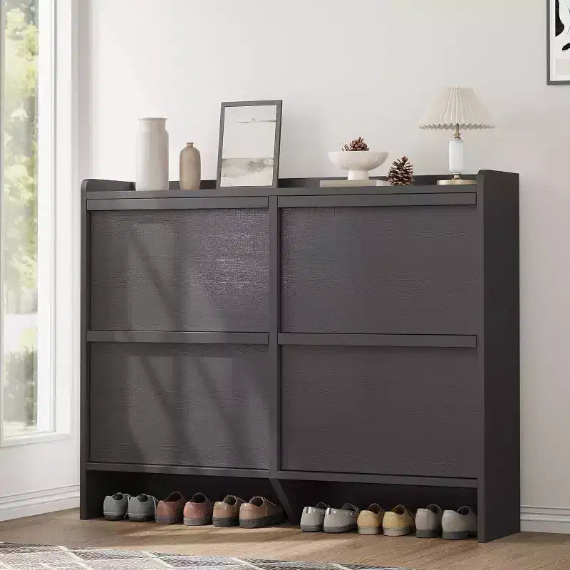 Meuble à chaussures autoportant de 120 cm avec 4 portes basculantes, étagère réglable, organisateur de rangement en bois caché pour entrée, couloir