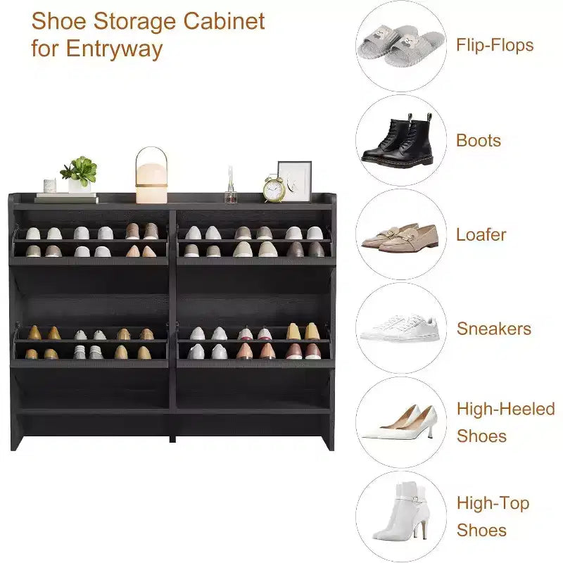 Meuble à chaussures autoportant de 120 cm avec 4 portes basculantes, étagère réglable, organisateur de rangement en bois caché pour entrée, couloir