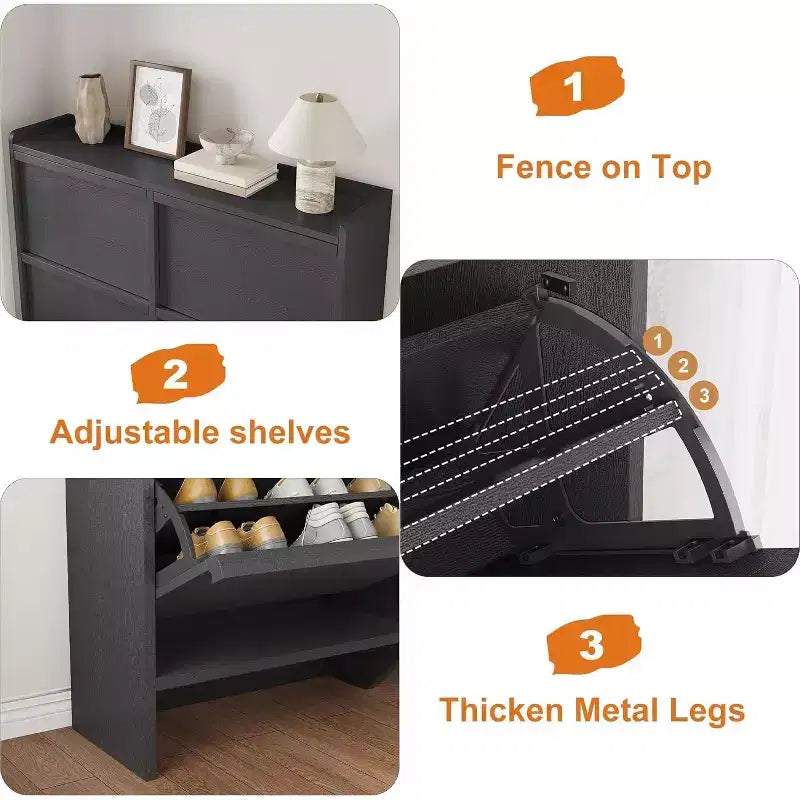 Meuble à chaussures autoportant de 120 cm avec 4 portes basculantes, étagère réglable, organisateur de rangement en bois caché pour entrée, couloir