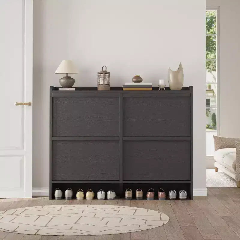 Meuble à chaussures autoportant de 120 cm avec 4 portes basculantes, étagère réglable, organisateur de rangement en bois caché pour entrée, couloir