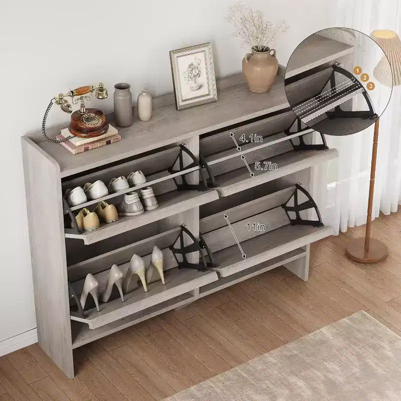 Meuble à chaussures autoportant de 120 cm avec 4 portes basculantes, étagère réglable, organisateur de rangement en bois caché pour entrée, couloir